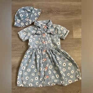 Little lass denim floral daisy dress with bucket hat size 5T- 100% cotton